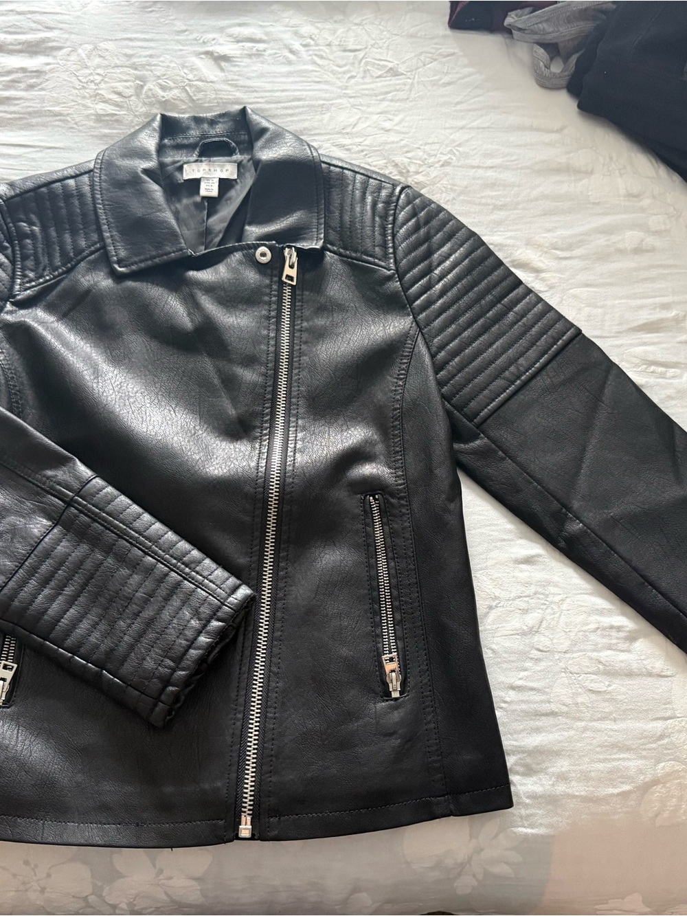Topshop Black Quilted Faux Leather Moto Jacket